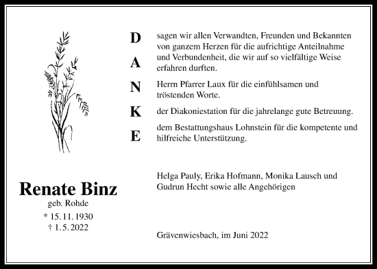 Traueranzeige von Renate Binz von Usinger Anzeiger