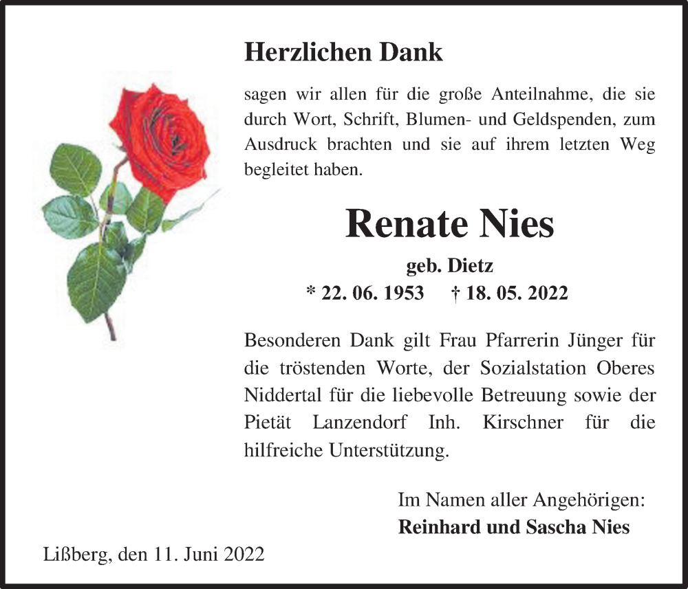  Traueranzeige für Renate Nies vom 11.06.2022 aus Kreis-Anzeiger