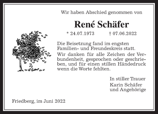 Traueranzeige von René Schäfer von Wetterauer Zeitung