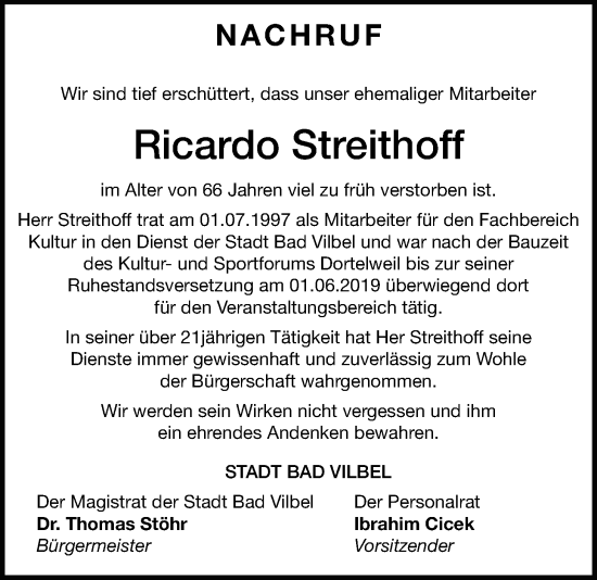 Traueranzeige von Ricardo Streithoff von Bad Vilbel/Karben