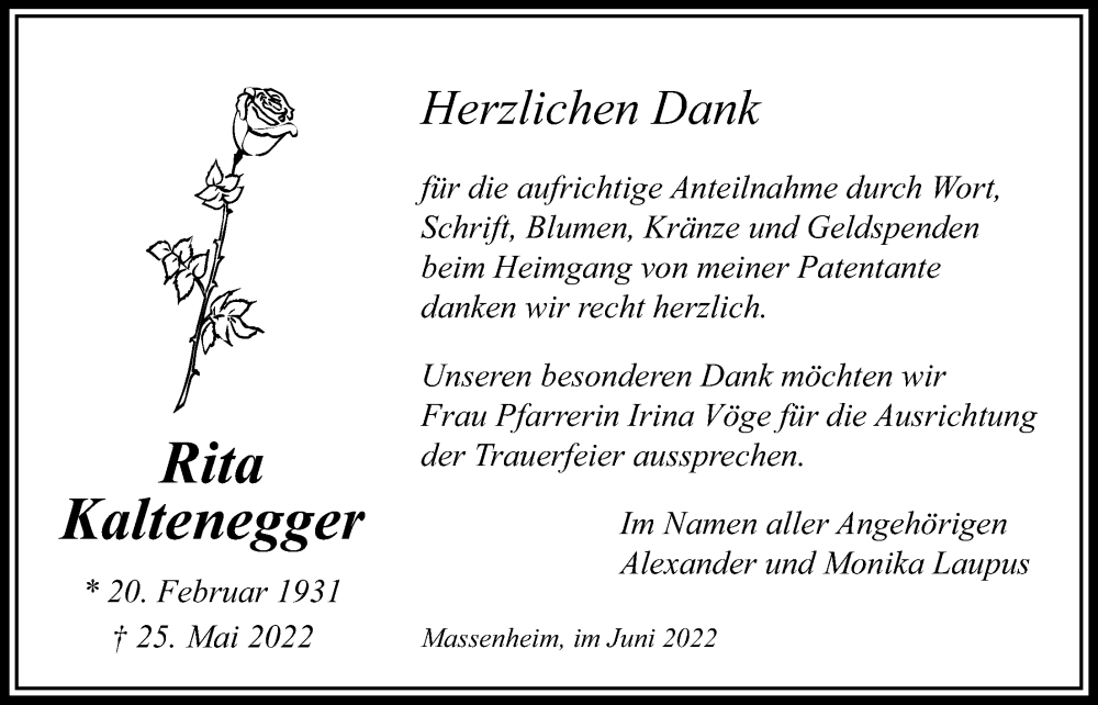  Traueranzeige für Rita Kaltenegger vom 23.06.2022 aus Bad Vilbel/Karben