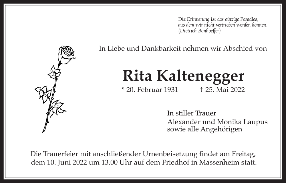 Traueranzeige für Rita Kaltenegger vom 02.06.2022 aus Bad Vilbel/Karben