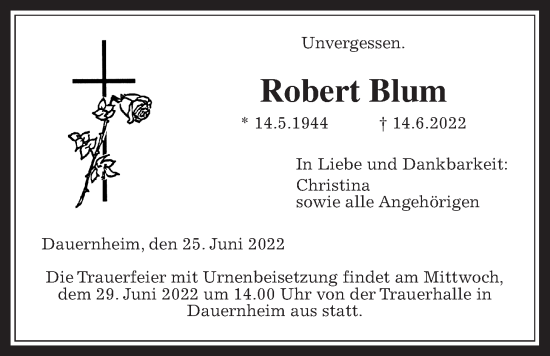 Traueranzeige von Robert Blum von Kreis-Anzeiger