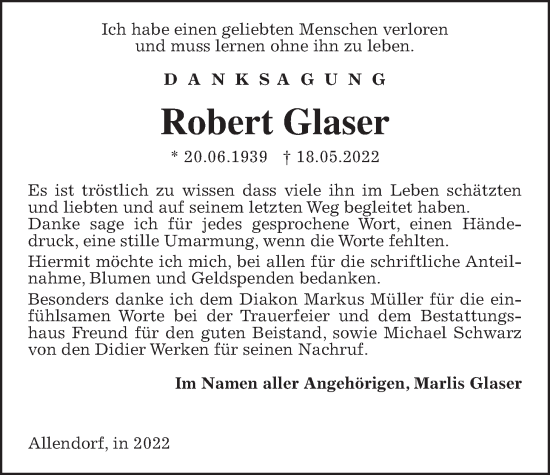 Traueranzeige von Robert Glaser von Allendorfer Mitteilungen, Giessener Anzeiger, Giessener Allgemeine, Alsfelder Allgemeine