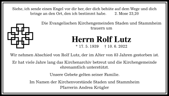 Traueranzeige von Rolf Lutz von Wetterauer Zeitung