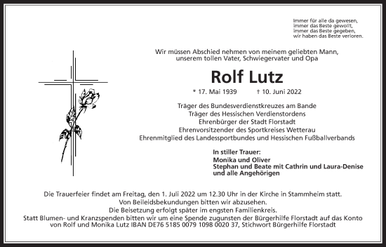 Traueranzeige von Rolf Lutz von Wetterauer Zeitung, Giessener Allgemeine, Alsfelder Allgemeine