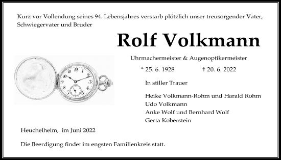 Traueranzeige von Rolf Volkmann von Giessener Anzeiger, Giessener Allgemeine, Alsfelder Allgemeine