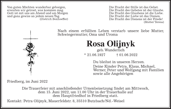 Traueranzeige von Rosa Olijnyk von Wetterauer Zeitung