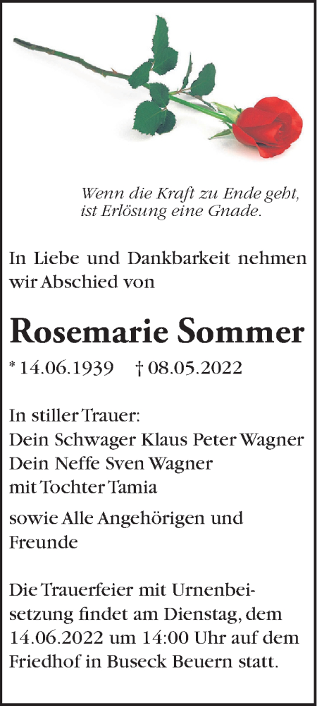 Traueranzeige von Rosemarie Sommer von Giessener Allgemeine, Alsfelder Allgemeine, Giessener Anzeiger