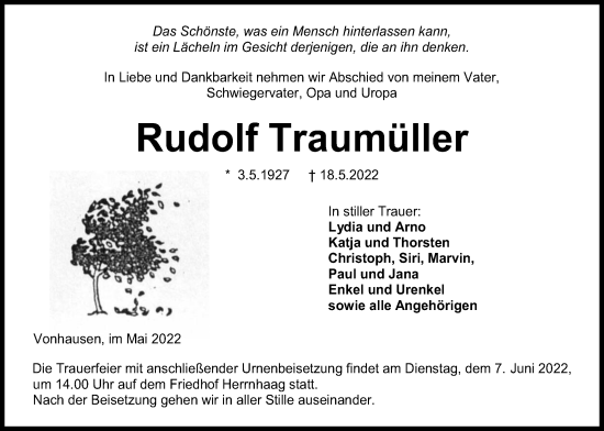 Traueranzeige von Rudolf Traumüller von Kreis-Anzeiger
