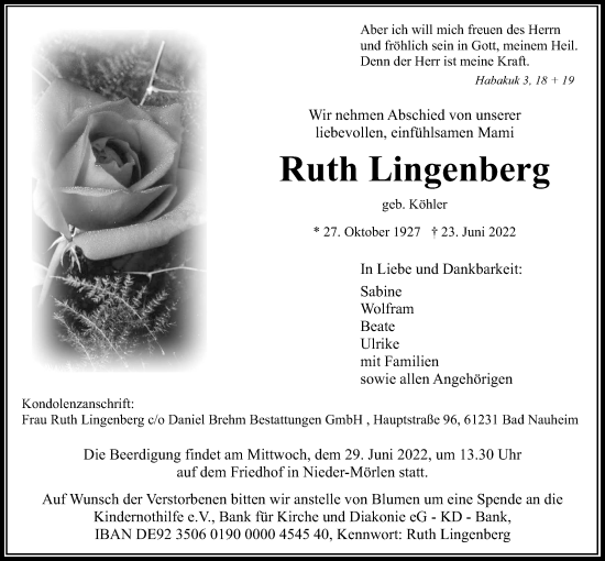 Traueranzeige von Ruth Lingenberg von Wetterauer Zeitung