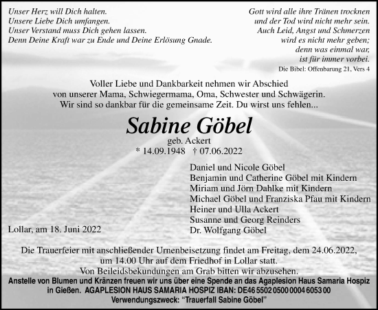 Traueranzeige von Sabine Göbel von Giessener Anzeiger, Giessener Allgemeine, Alsfelder Allgemeine