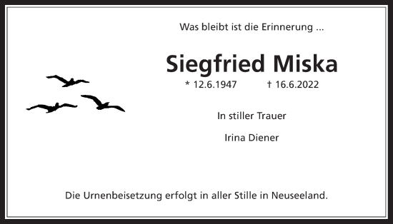 Traueranzeige von Siegfried Miska 