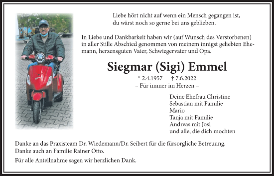 Traueranzeige von Siegmar Emmel von Giessener Allgemeine, Alsfelder Allgemeine