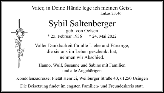 Traueranzeige von Sybil Saltenberger 
