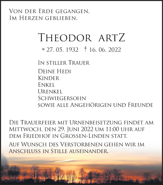 Traueranzeige von Theodor Artz von Giessener Allgemeine, Alsfelder Allgemeine