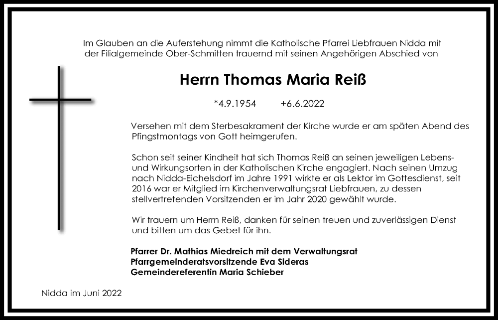  Traueranzeige für Thomas Maria Reiß vom 23.06.2022 aus Kreis-Anzeiger