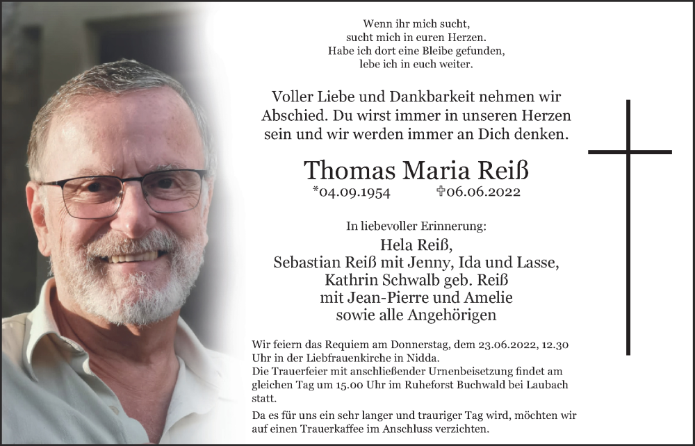  Traueranzeige für Thomas Maria Reiß vom 18.06.2022 aus Kreis-Anzeiger