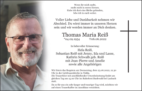 Traueranzeige von Thomas Maria Reiß von Kreis-Anzeiger