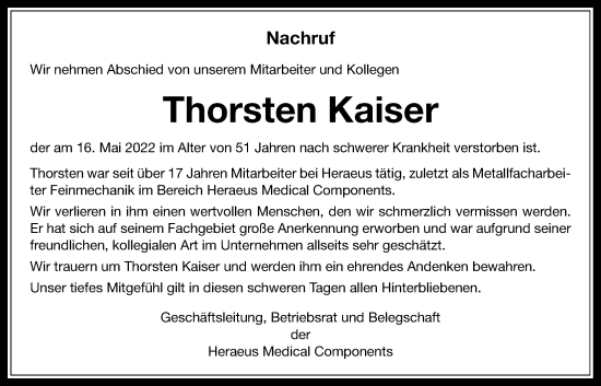 Traueranzeige von Thorsten Kaiser von Kreis-Anzeiger