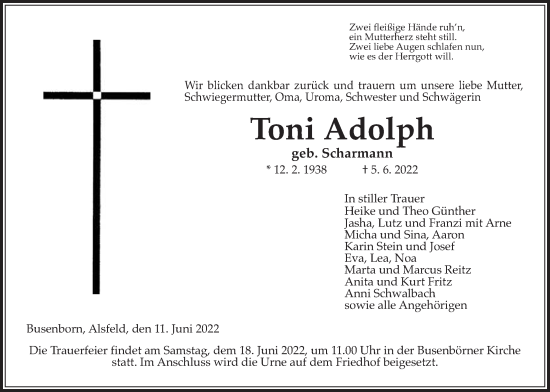 Traueranzeige von Toni Adolph von Kreis-Anzeiger