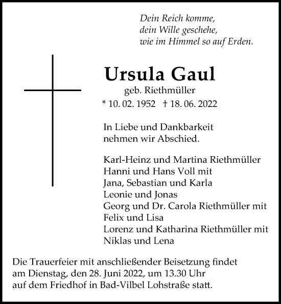 Traueranzeige von Ursula Gaul von Bad Vilbel/Karben