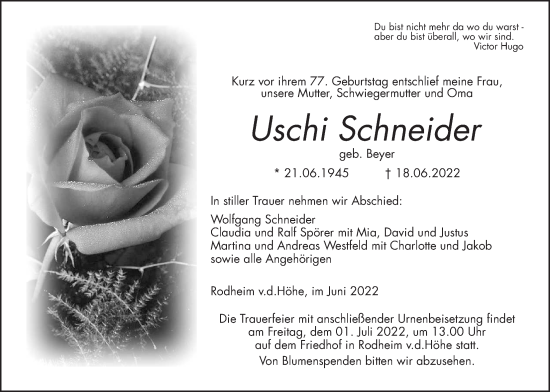 Traueranzeige von Uschi Schneider von Wetterauer Zeitung