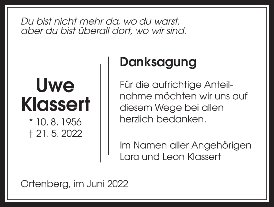 Traueranzeige von Uwe Klassert von Kreis-Anzeiger