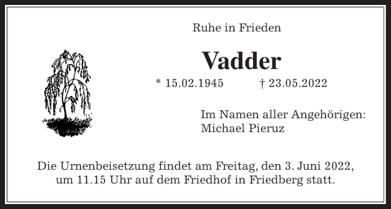 Traueranzeige von Vadder  von Wetterauer Zeitung