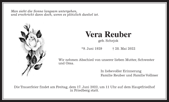 Traueranzeige von Vera Reuber von Wetterauer Zeitung