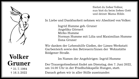 Traueranzeige von Volker Gruner von Licher Wochenblatt