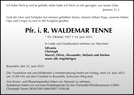 Traueranzeige von Waldemar Tenne von Alsfelder Allgemeine