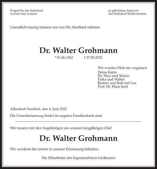 Traueranzeige von Walter Grohmann von Giessener Allgemeine, Alsfelder Allgemeine