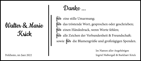 Traueranzeige von Walter Krick von Giessener Allgemeine, Alsfelder Allgemeine