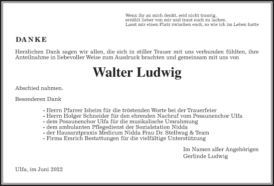 Traueranzeige von Walter Ludwig von Kreis-Anzeiger