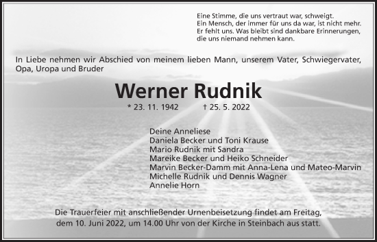 Traueranzeige von Werner Rudnik von Giessener Allgemeine, Alsfelder Allgemeine, Giessener Anzeiger