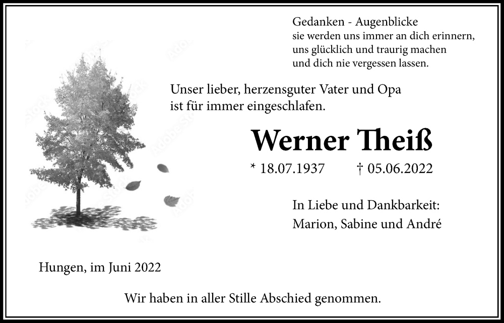  Traueranzeige für Werner Theiß vom 23.06.2022 aus Licher Wochenblatt