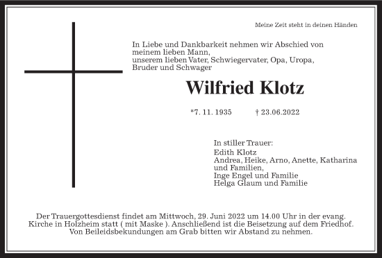 Traueranzeige von Wilfried Klotz von Giessener Allgemeine, Alsfelder Allgemeine