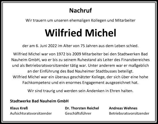 Traueranzeige von Wilfried Michel von Wetterauer Zeitung