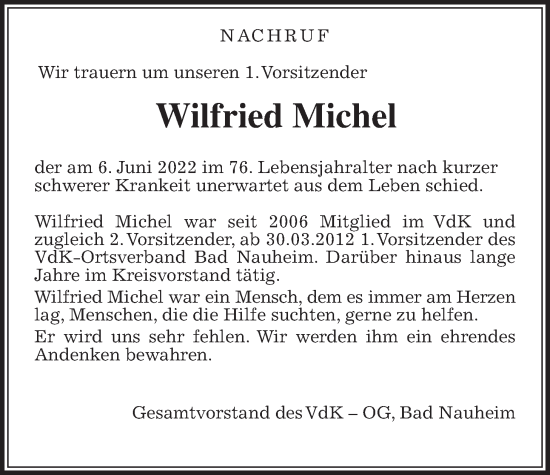 Traueranzeige von Wilfried Michel von Wetterauer Zeitung