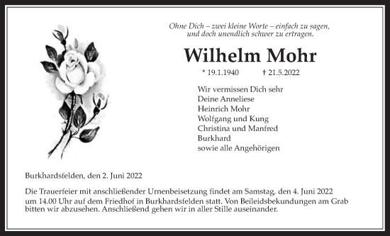 Traueranzeige von Wilhelm Mohr von Giessener Allgemeine, Alsfelder Allgemeine, Giessener Anzeiger
