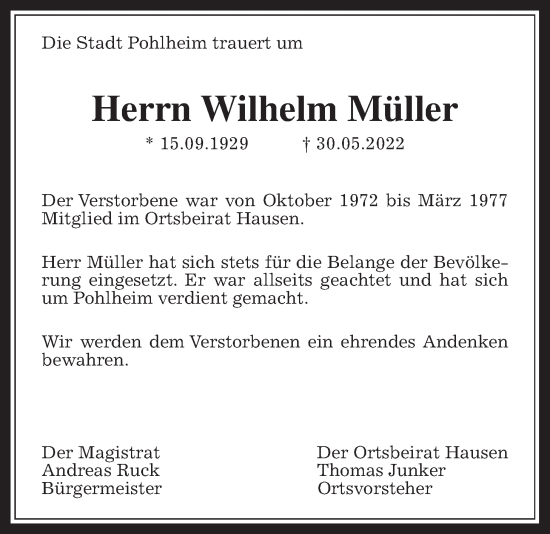 Traueranzeige von Wilhelm Müller von Pohlheimer Nachrichten