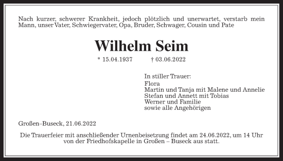 Traueranzeige von Wilhelm Seim von Giessener Anzeiger, Giessener Allgemeine, Alsfelder Allgemeine