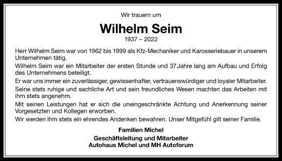 Traueranzeige von Wilhelm Seim von Giessener Anzeiger, Giessener Allgemeine, Alsfelder Allgemeine