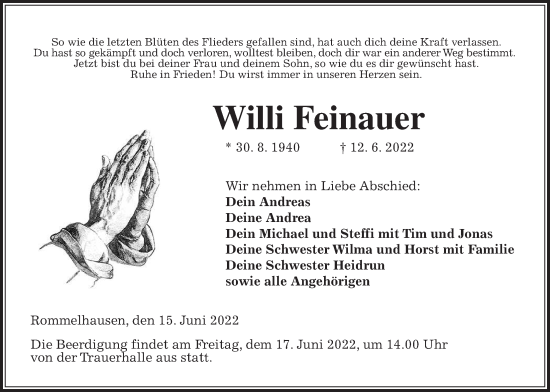 Traueranzeige von Willi Feinauer von Kreis-Anzeiger