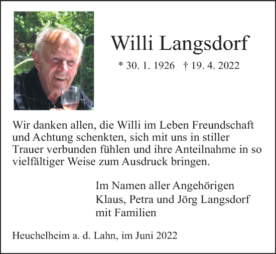 Traueranzeige von Willi Langsdorf von Giessener Allgemeine, Alsfelder Allgemeine, Giessener Anzeiger