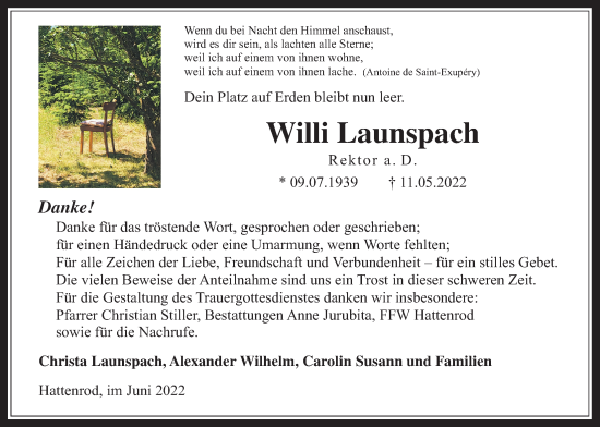 Traueranzeige von Willi Launspach von Reiskirchener Anzeiger