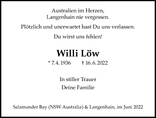 Traueranzeige von Willi Löw 