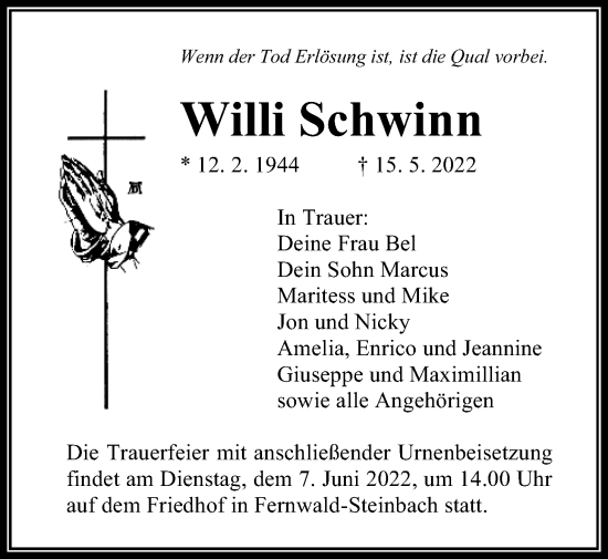 Traueranzeige von Willi Schwinn von Giessener Allgemeine, Alsfelder Allgemeine