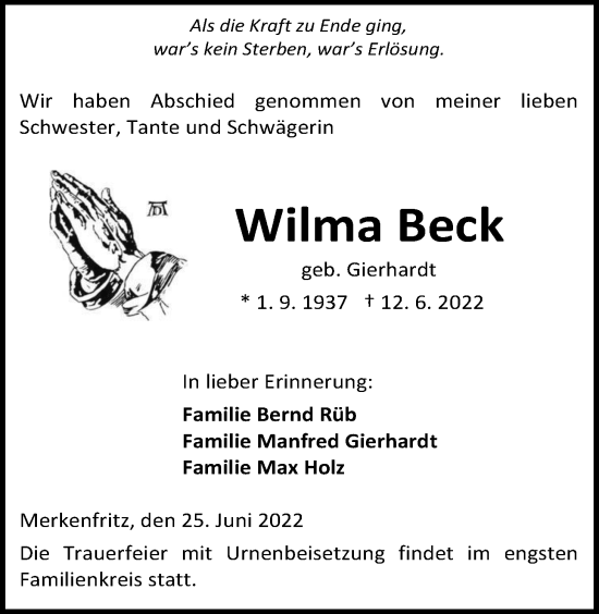 Traueranzeige von Wilma Beck von Kreis-Anzeiger